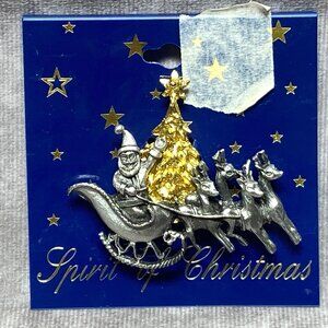 Vtg Spirit Of Christmas Santa Sleigh & Reindeer Brooch Pin Gold & Silver Tone